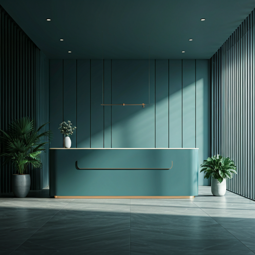 Serene minimalist wellness retreat lobby with natural light, indoor greenery.